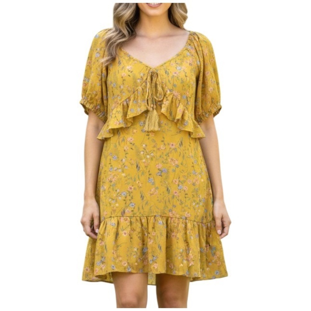 C&V Chelsea Violet PEASANT DRESS Ruffle Trim GREENISH YELLOW FLORAL Crepe Ties M